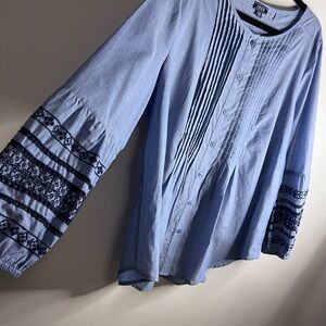 Izod Blue Blouse with Embroidered Sleeves